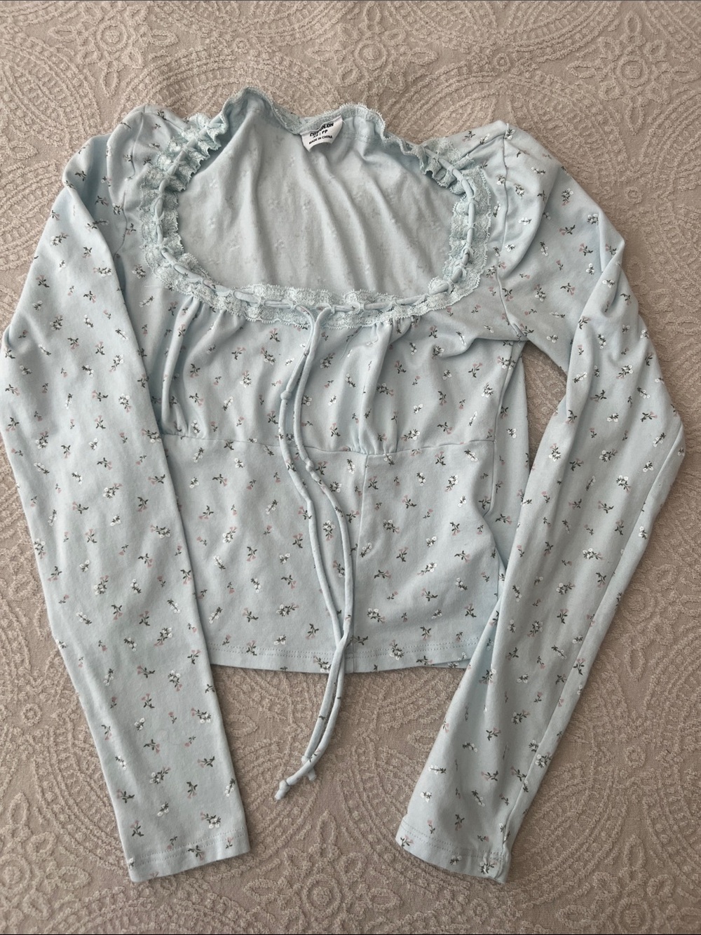 COTTON ON JUNIORS Light Blue Floral Lace Trim Long Sleeve Top | XS